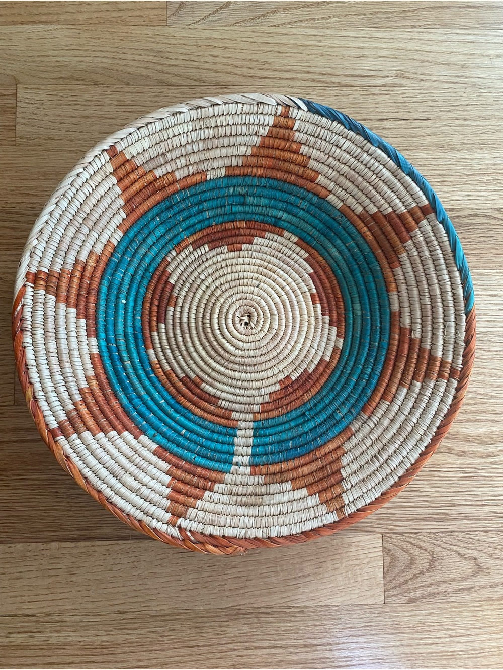 14” Decorative Woven Basket Bowl — Turquoise, Tan & Terracotta